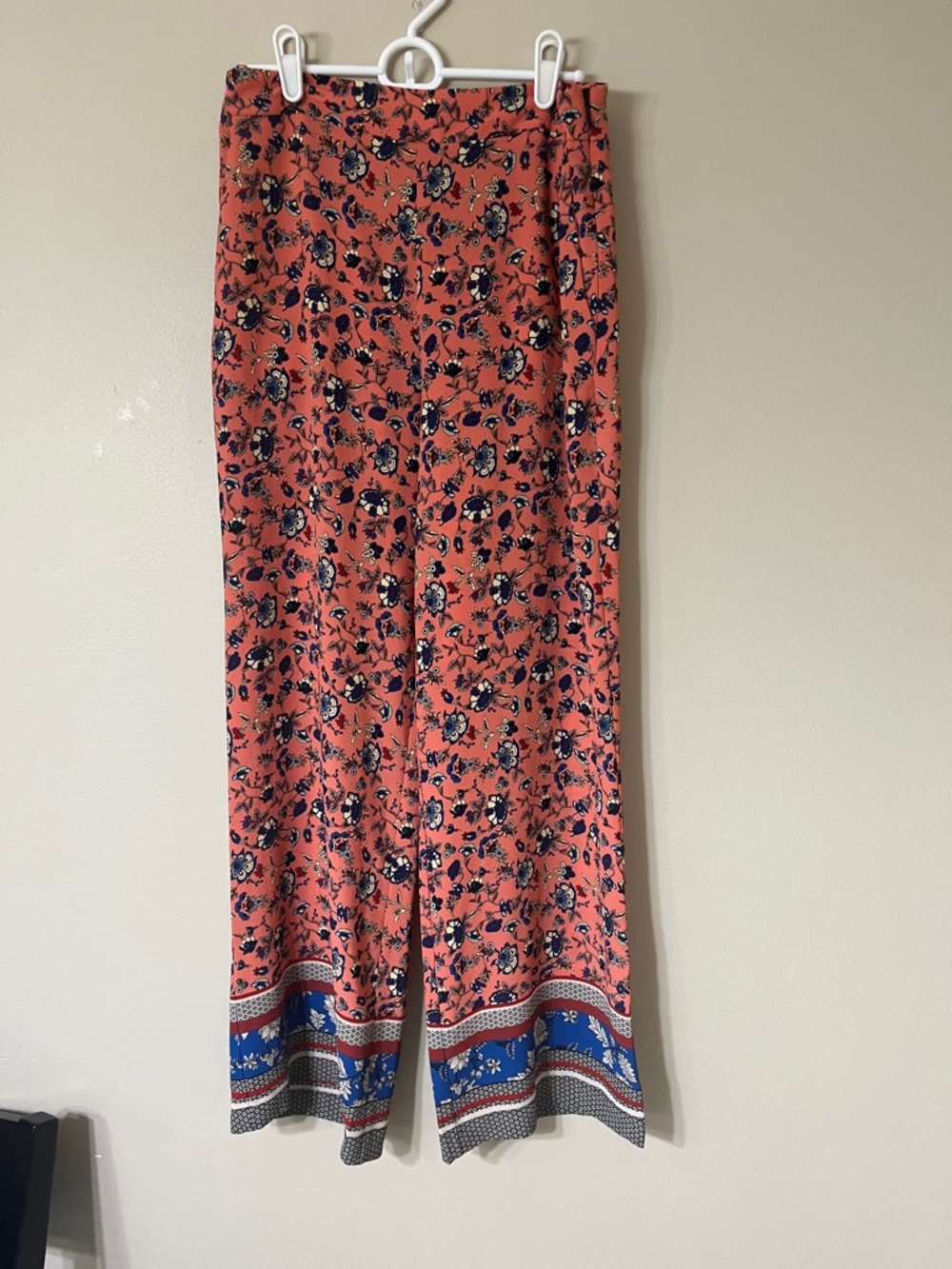 Topshop Coral Wide-Leg Floral Pants with Navy Border